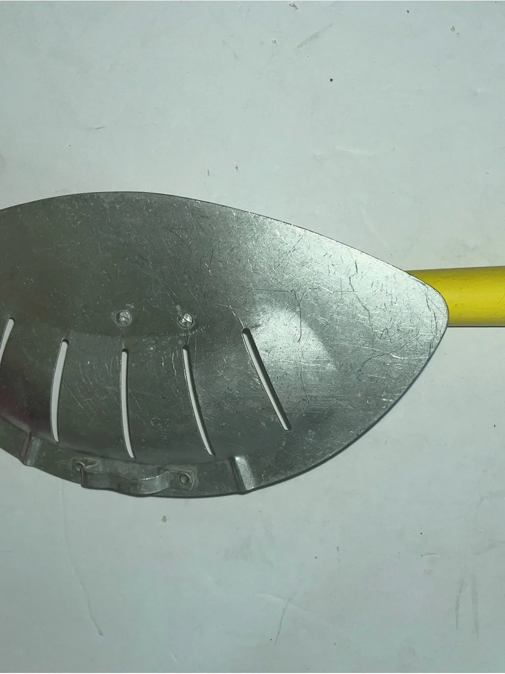 Vintage Foley Aluminum Hand Held Pot Pan Strainer with Yellow wood Handle 1950s